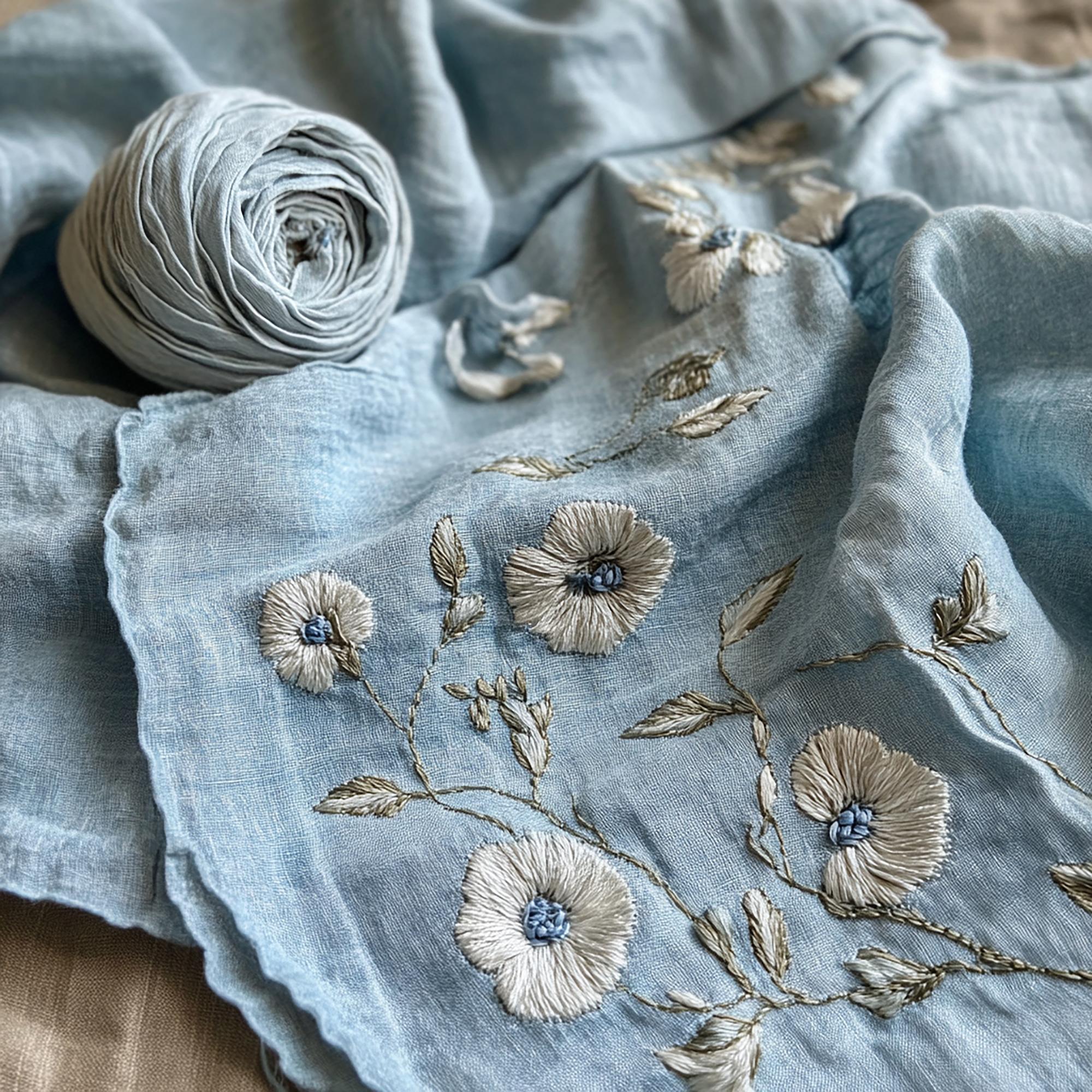 Detail of embroidered linen with floral motif